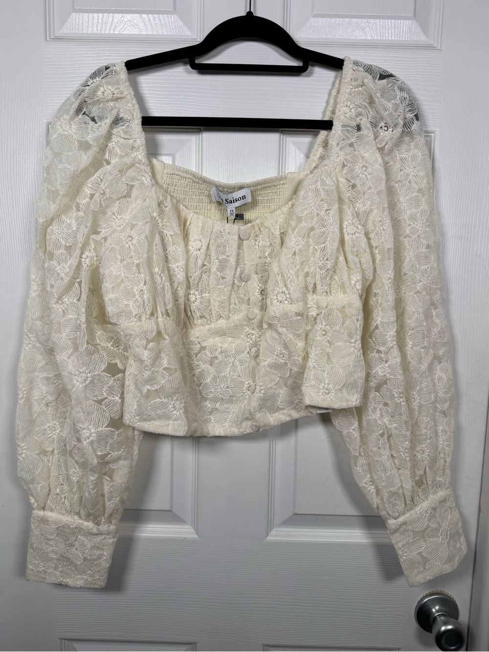 NWT En Saison Cream Floral Embroidered Puff Sleeve Blouse 1X